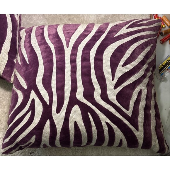 Zebra Print Throw Pillows Purple & Beige 16 x 15” Down Filled Velvet Set of 2 - Picture 6 of 11
